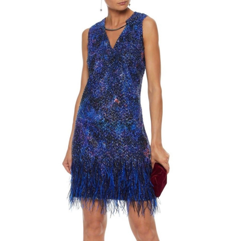 New Elie Tahari Prussian Purple Ostrich Feather‎ Lyra Dress Size 14